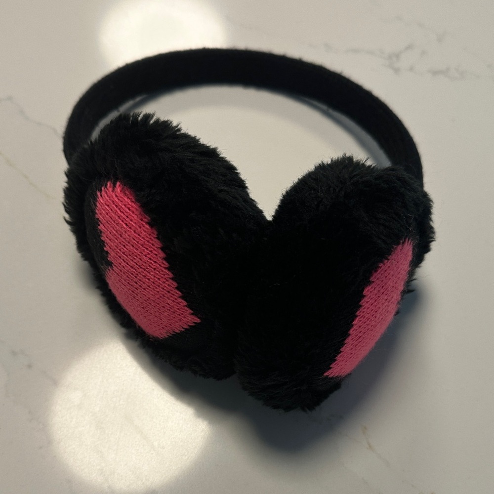 Black and Pink Furry Earmuffs With Pink Hearts